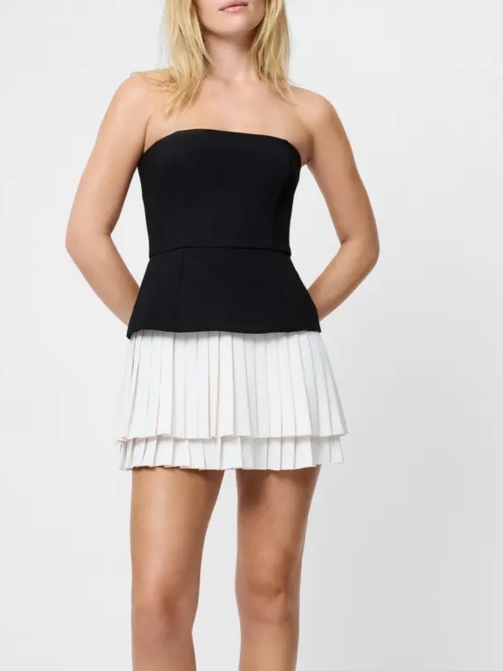 French Connection Black Strapless Peplum Top with White Pleated Mini Skirt